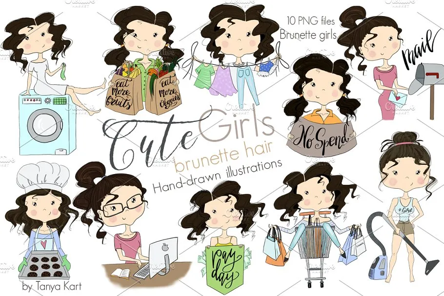 深色头发可爱卡通女孩剪切画 Cute Girls Brunette hair Clipart
