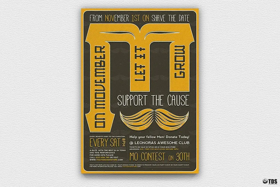 蓄须月胡子节活动派对传单PSD模板 V3 Movember Flyer PSD V3插图(1)