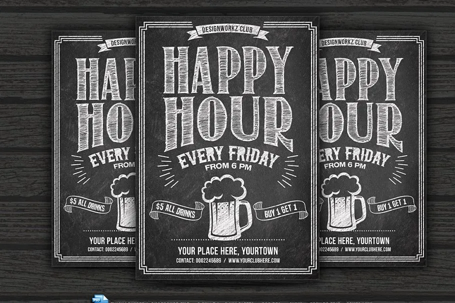 欢乐时光黑板画风格海报传单设计模板 Happy Hour Chalkboard Flyer