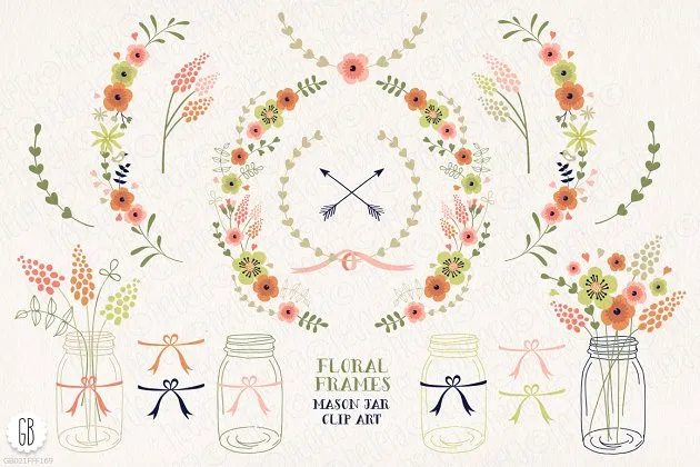 花框、插花&花水彩插画元素 Floral frames, mason jars, flowers插图