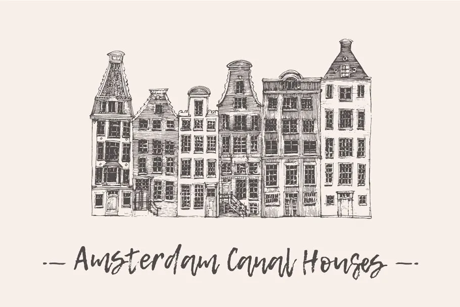 阿姆斯特丹运河住宅楼楼房素描矢量图形 Set of Amsterdam Canal Houses
