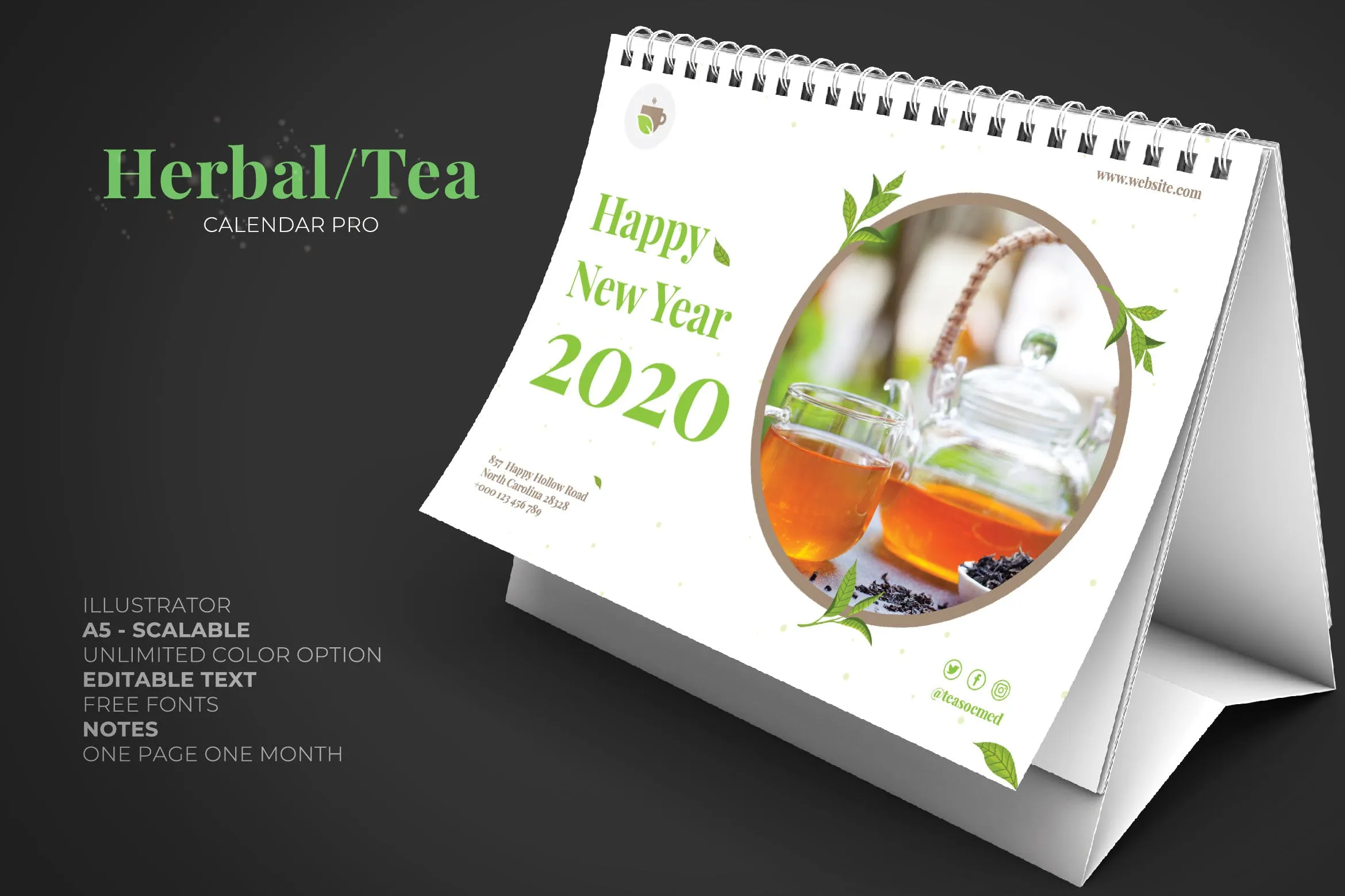 茶文化茶叶品牌定制2020年活页台历表设计模板 2020 Tea Herbal Green Calendar Pro