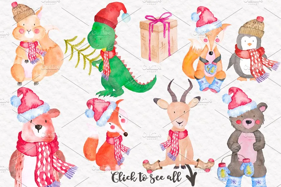 可爱冬日动物形象水彩图案 Cute Winter Animals Collection插图(1)