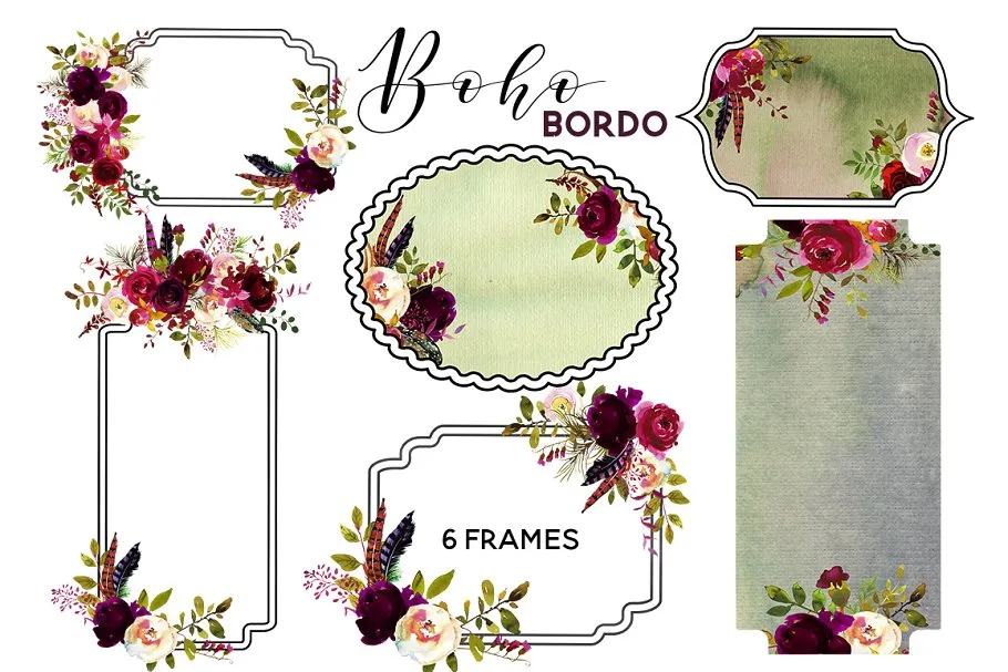 波希米亚式&波尔多水彩花卉剪贴画 Boho Bordo Watercolor Flowers插图(7)