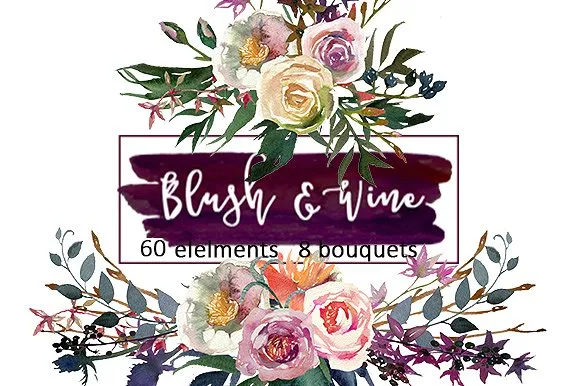 勃艮第白色水彩花卉插画 Burgundy White Watercolor Flowers插图(1)