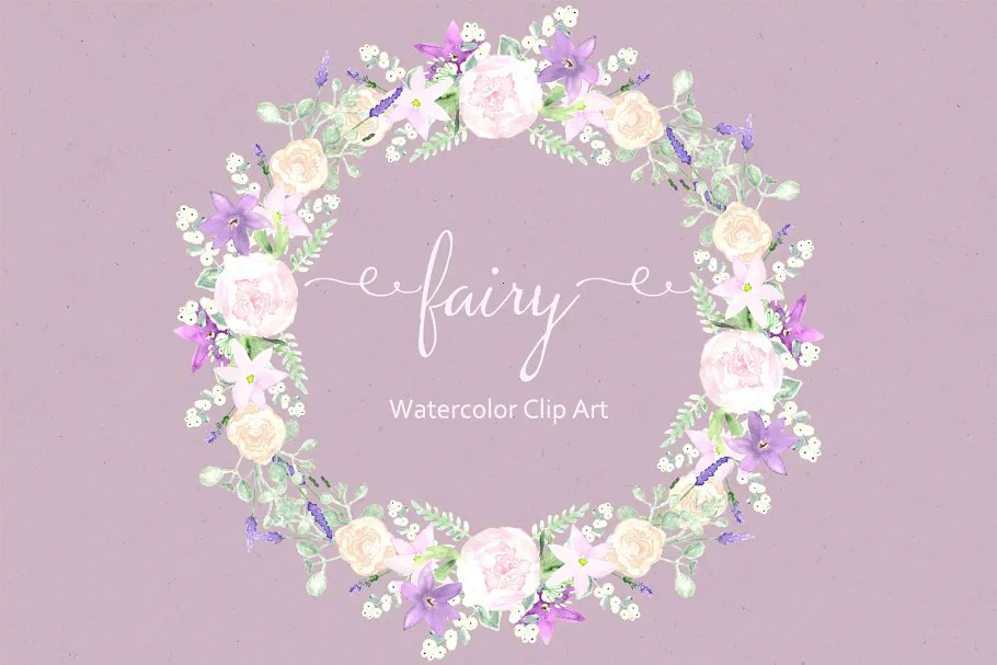花环花束水彩剪贴画 Fairy. Purple Watercolor Clipart.插图