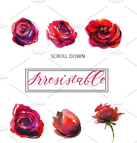 红色玫瑰花水彩剪贴画 Red Roses Watercolor Clipart Set插图(5)