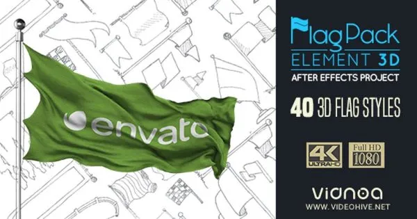 3D旗帜动画像素设计精选AE模板 Element 3D Flag Pack