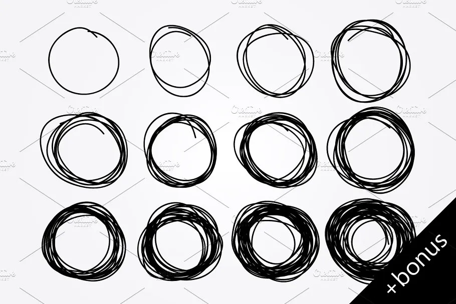 手绘涂鸦圆圈、三角形和正方形图形 hand drawn doodle circles + bonus