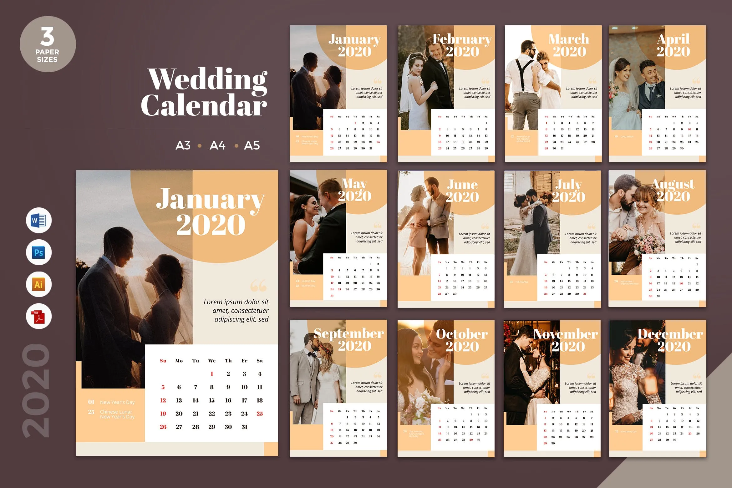 婚纱摄影婚礼定制2020年日历表设计模板 Wedding Calendar 2020 Calendar – AI, DOC, PSD插图